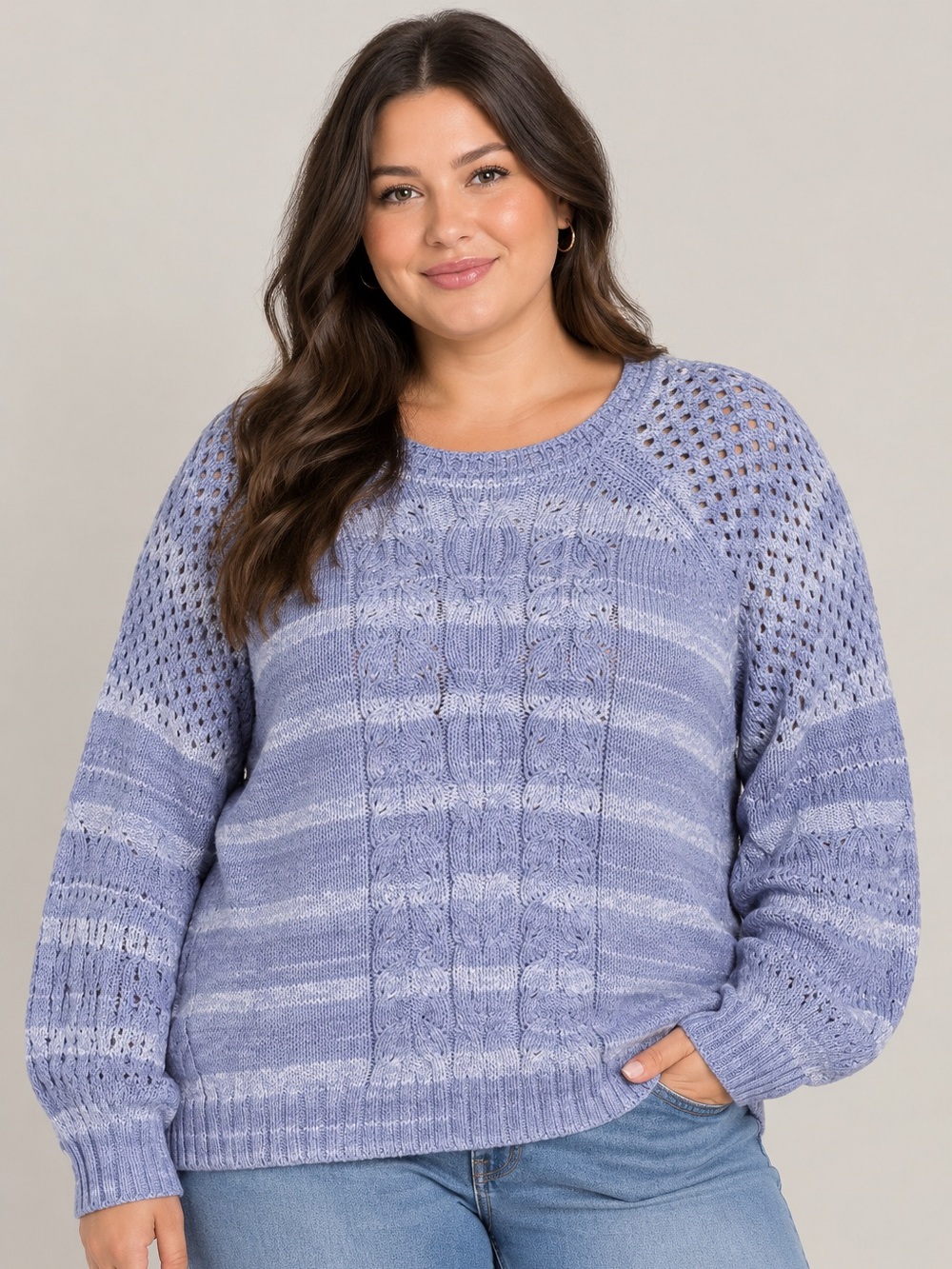 NWT Belldini Lavender & White Striped Cable Knit Crewneck Sweater - Size XL